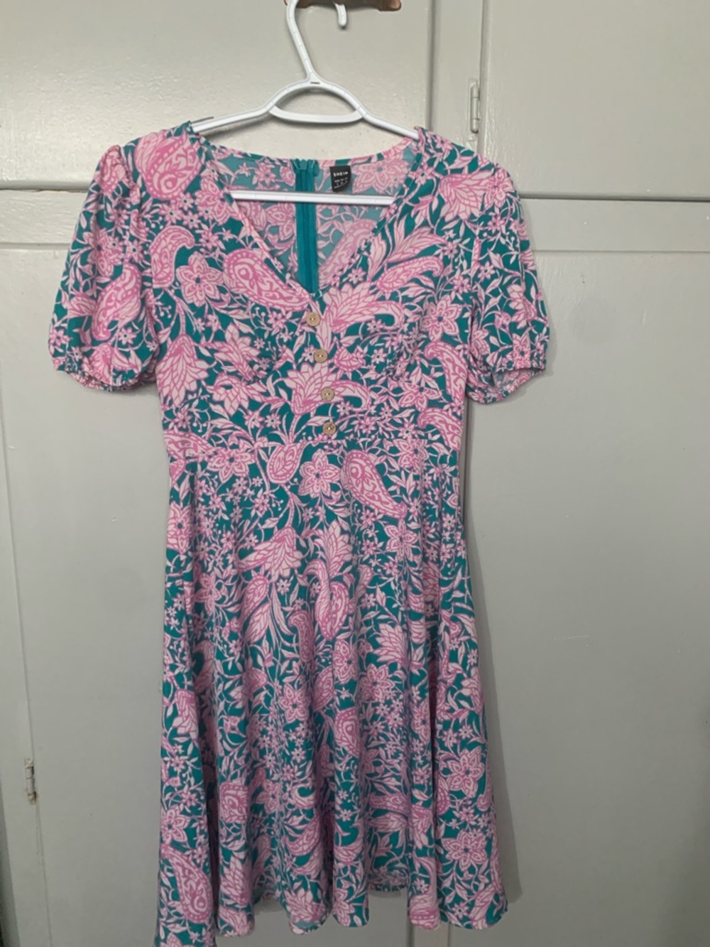 SHEIN Pink Paisley Button-Front Mini Dress on Teal
